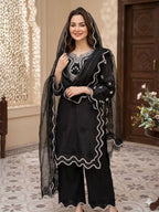 Black Sequence Embroidered Cutwork Top, Plazzo and Dupatta — Hania Amir Inspired