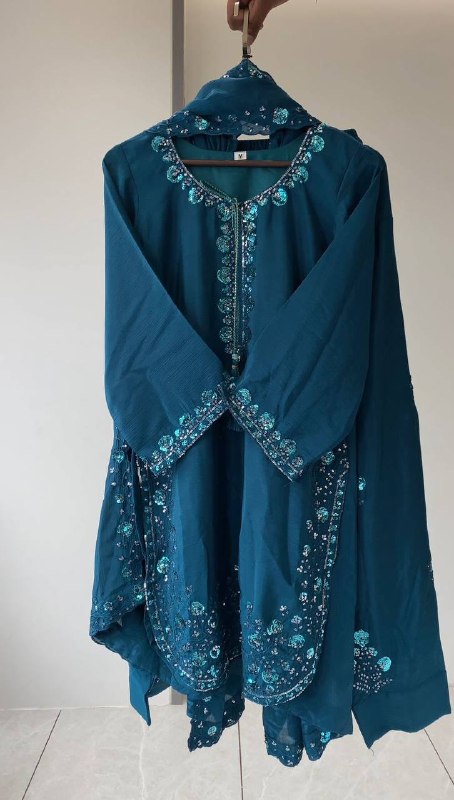 Teal Three Piece Outfit with Sequence Embroidered Top, Farsi Salwaar and Dupatta