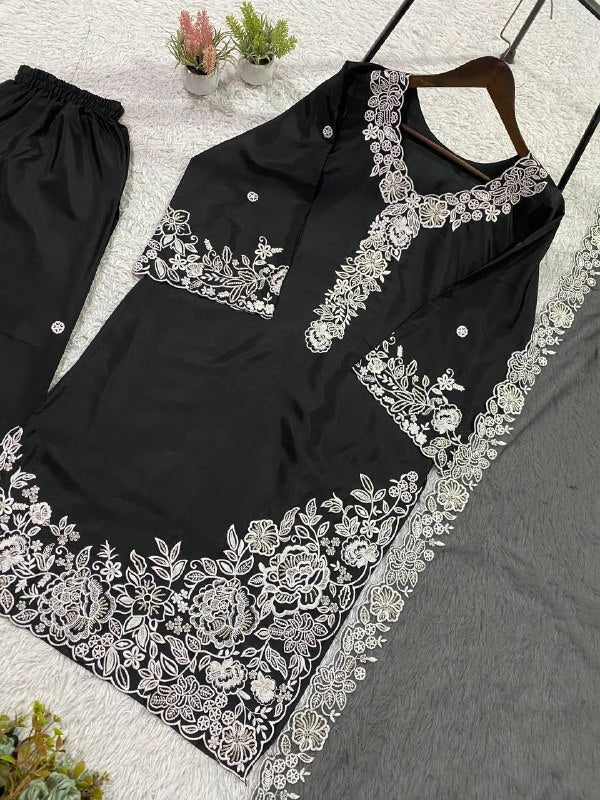 Black Sequence Embroidery Worked Top, Plazzo with Dupatta