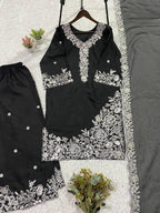 Black Sequence Embroidery Worked Top, Plazzo with Dupatta