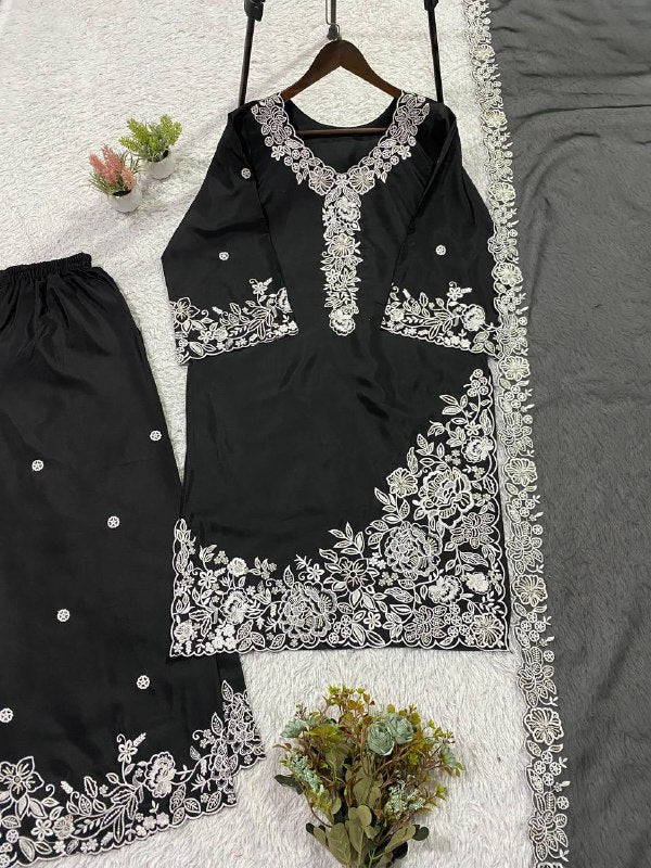 Black Sequence Embroidery Worked Top, Plazzo with Dupatta