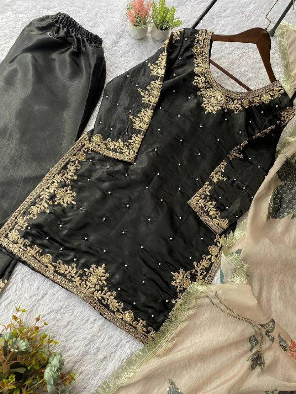 Black Cording with Sequence Embroidery and Beads Worked Top, Plazzo and Dupatta