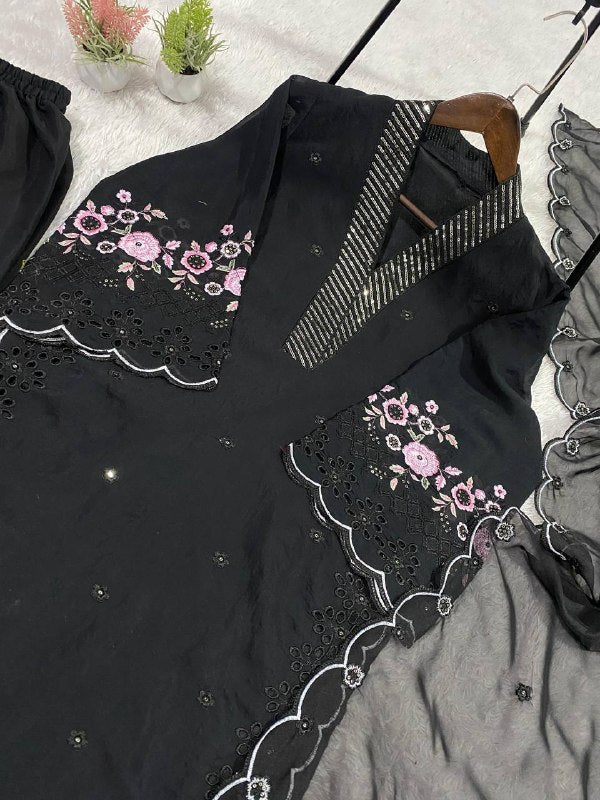 Black Sequence Embroidery Worked Top, Plazzo with Dupatta