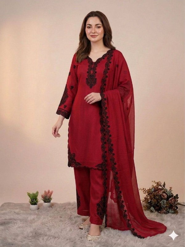 Maroon Embroidered Top, Plazzo and Dupatta with Black Embroidery — Hania Amir Inspired