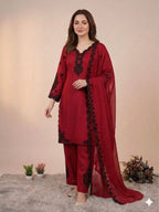 Maroon Embroidered Top, Plazzo and Dupatta with Black Embroidery — Hania Amir Inspired