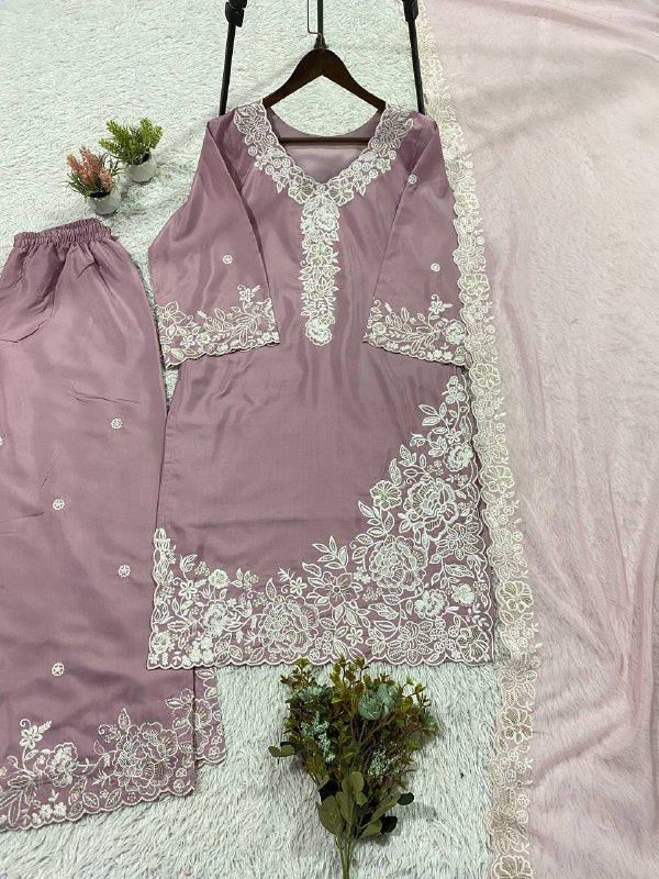 Mauve Sequence Embroidery Worked Top, Plazzo with Dupatta