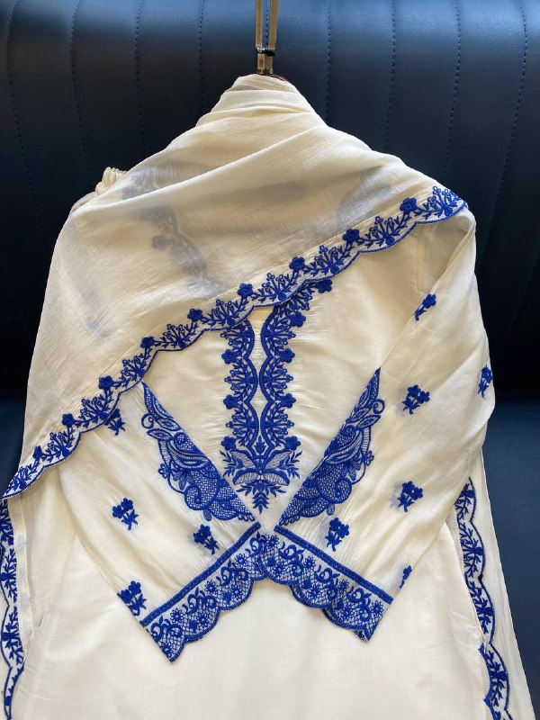 White Embroidered Top, Plazzo and Dupatta with Blue Embroidery — Hania Amir Inspired