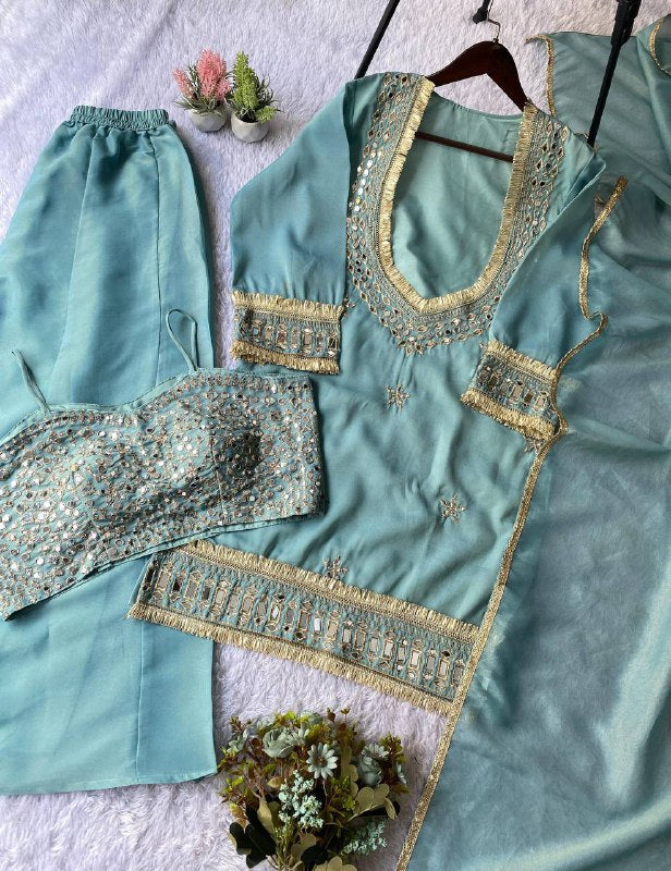 Mint 4 Piece Plazzo Pair with Real Mirror and Embroidery Work