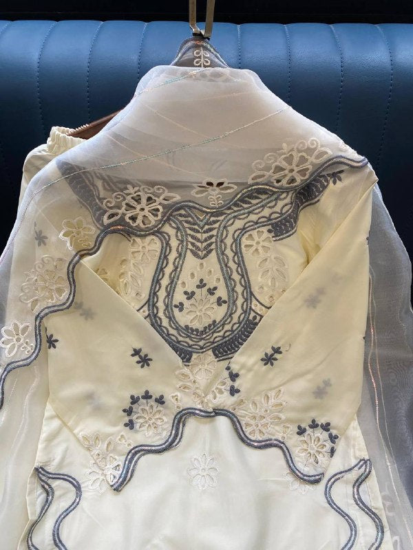 Ivory Sequence Embroidered Cutwork Top, Plazzo and Dupatta — Hania Amir Inspired