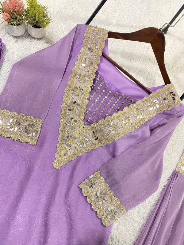 Lavender 4 Piece Cording with Real Mirror Embroidered Blouse-Top, Plazzo with Dupatta