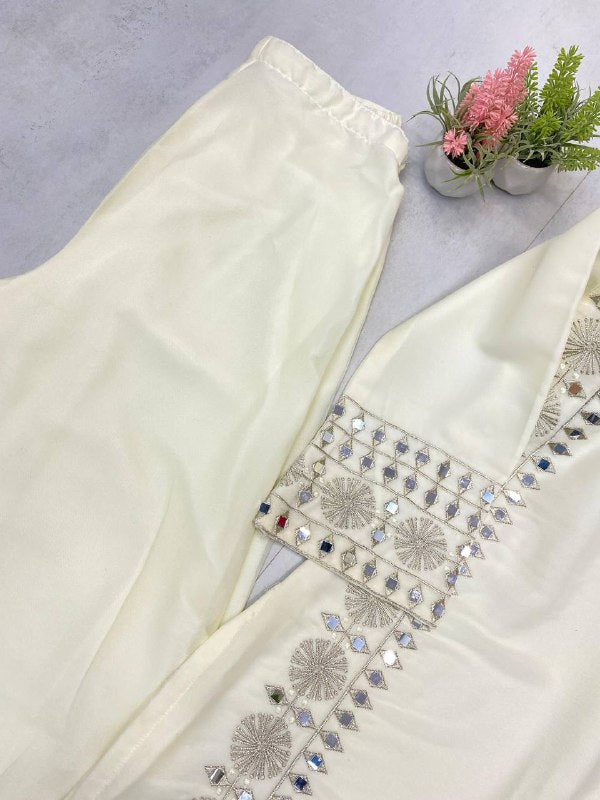 Ivory Exclusive 3 Piece Plazzo Pair with Dupatta in Embroidery and Real Mirror Work