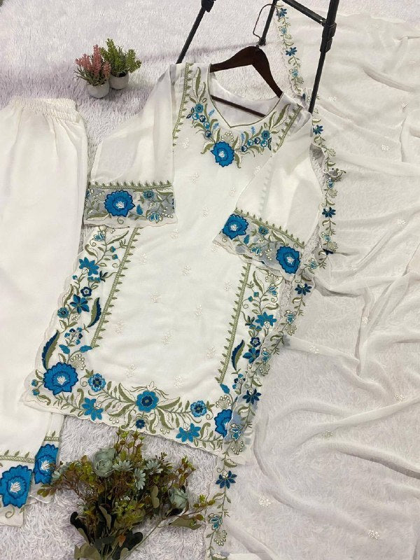 White Embroidered Top, Plazzo with Dupatta