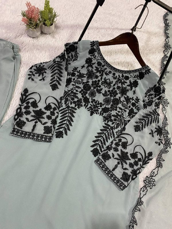 Sage Green Sequence Embroidery Worked Top, Pant with Dupatta
