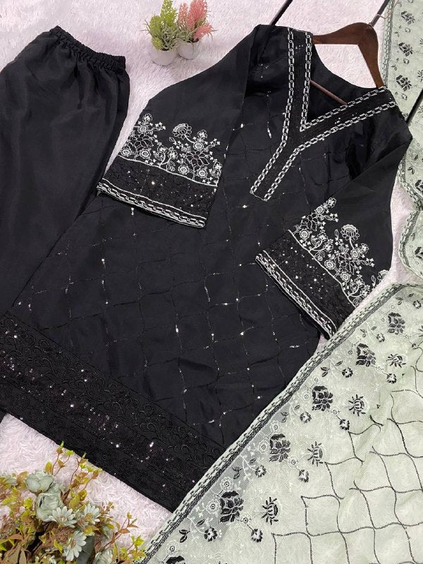 Black Sequence Embroidered Top, Plazzo with Dupatta