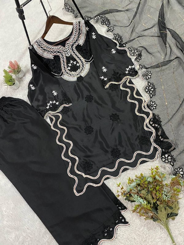 Black Sequence Embroidered Cutwork Top, Plazzo and Dupatta — Hania Amir Inspired