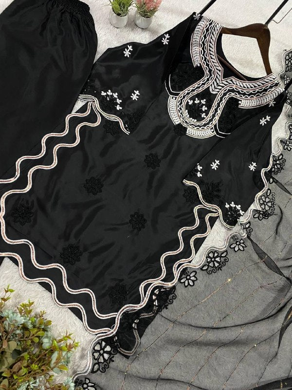 Black Sequence Embroidered Cutwork Top, Plazzo and Dupatta — Hania Amir Inspired