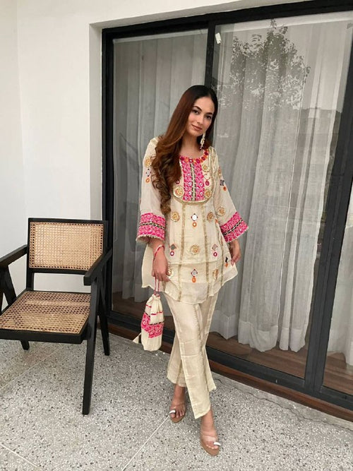 Beige Co-ord Set with Real Mirror and Sequence Embroidered Top and Plazzo