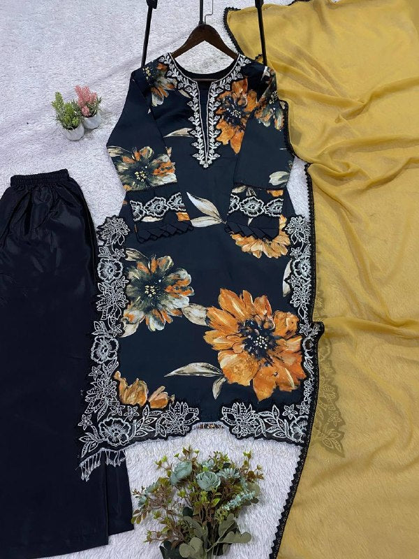 Black Floral Printed Embroidered Lace Top, Plazzo with Dupatta — Hania Amir Inspired