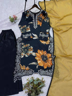 Black Floral Printed Embroidered Lace Top, Plazzo with Dupatta — Hania Amir Inspired