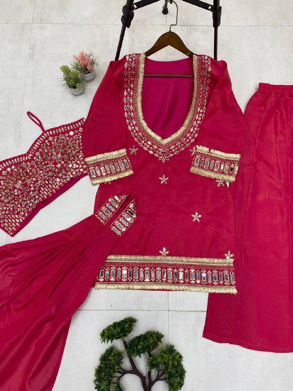 Magenta Pink 4 Piece Plazzo Pair with Real Mirror and Embroidery Work