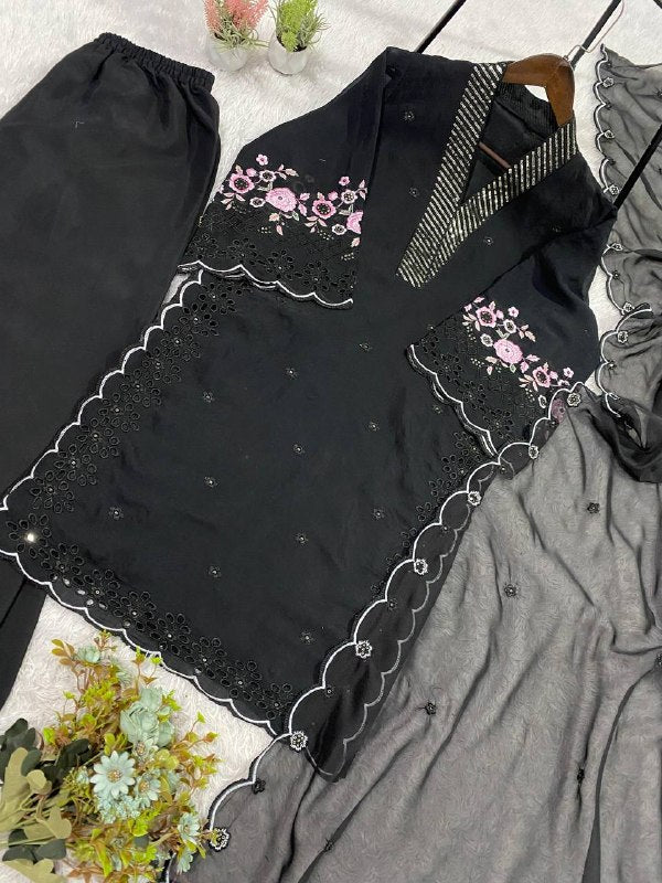 Black Sequence Embroidery Worked Top, Plazzo with Dupatta