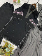 Black Sequence Embroidery Worked Top, Plazzo with Dupatta