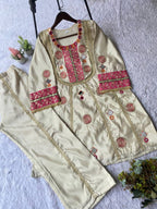 Beige Co-ord Set with Real Mirror and Sequence Embroidered Top and Plazzo