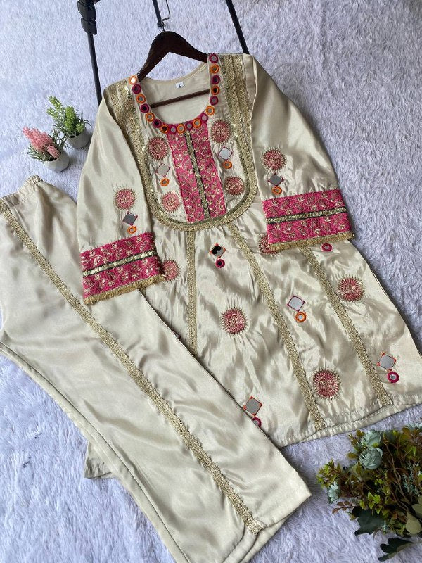 Beige Co-ord Set with Real Mirror and Sequence Embroidered Top and Plazzo