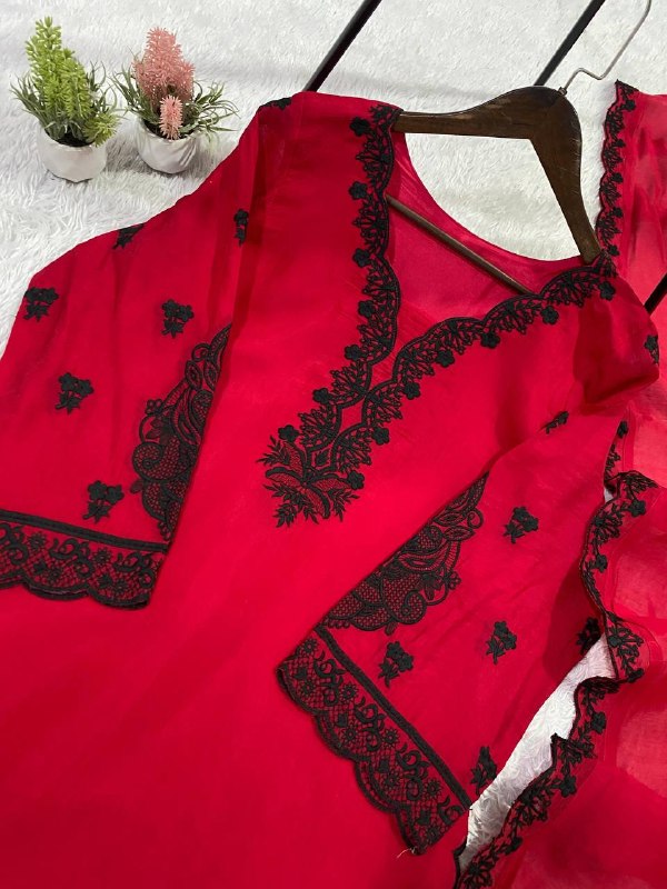 Maroon Embroidered Top, Plazzo and Dupatta with Black Embroidery — Hania Amir Inspired