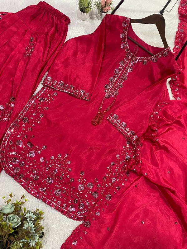 Pink Three Piece Outfit with Sequence Embroidered Top, Farsi Salwaar and Dupatta
