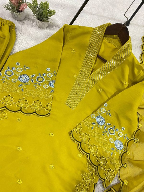 Mustard Yellow Sequence Embroidery Worked Top, Plazzo with Dupatta