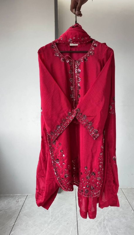 Pink Three Piece Outfit with Sequence Embroidered Top, Farsi Salwaar and Dupatta