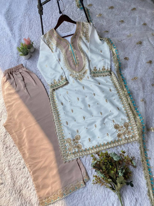 White Sequence Embroidery Worked Top, Plazzo and Dupatta — Mahira Khan Inspired