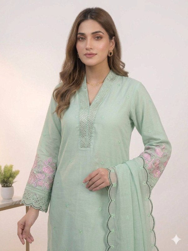 Sage Green Sequence Embroidery Worked Top, Plazzo with Dupatta