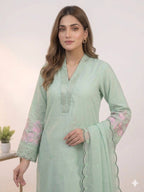 Sage Green Sequence Embroidery Worked Top, Plazzo with Dupatta