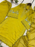 Mustard Yellow Sequence Embroidery Worked Top, Plazzo with Dupatta