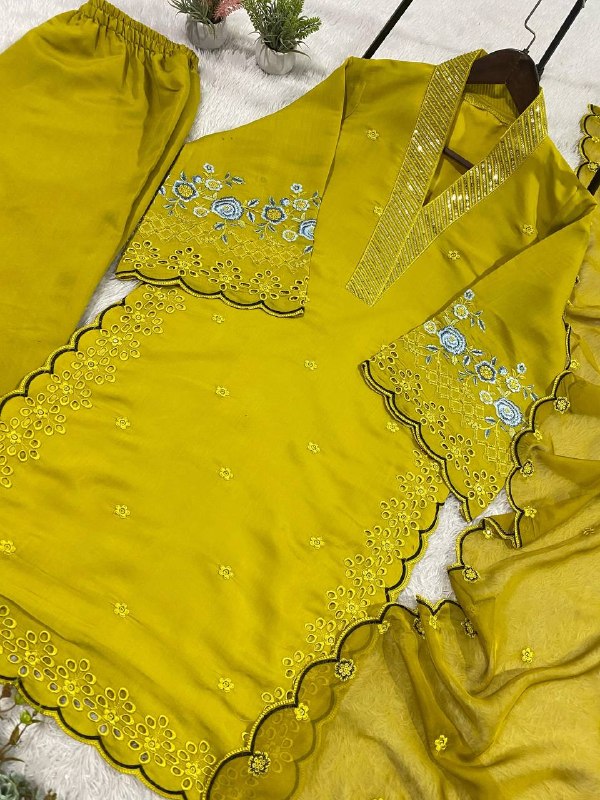 Mustard Yellow Sequence Embroidery Worked Top, Plazzo with Dupatta