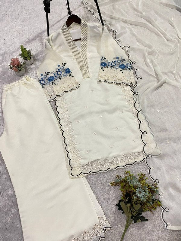 White Sequence Embroidery Worked Top, Plazzo with Dupatta