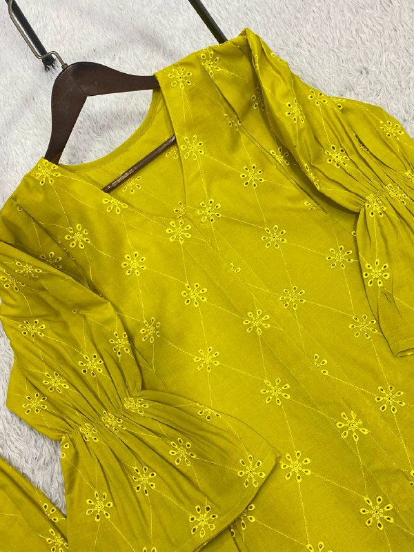 Mustard Yellow Embroidered Cotton Co-ord Set | Women's Trendy 2-Piece Top - Pant Set