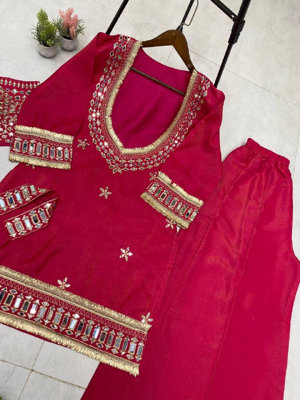 Magenta Pink 4 Piece Plazzo Pair with Real Mirror and Embroidery Work
