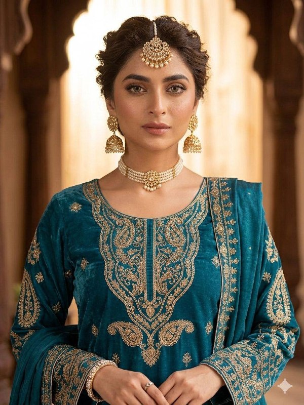 Teal Cording with Sequence Embroidery Worked Top, Plazzo with Dupatta