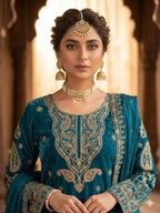 Teal Cording with Sequence Embroidery Worked Top, Plazzo with Dupatta