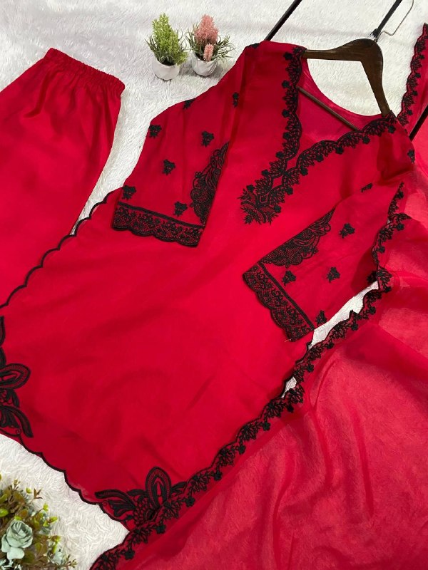 Maroon Embroidered Top, Plazzo and Dupatta with Black Embroidery — Hania Amir Inspired