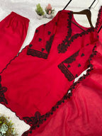 Maroon Embroidered Top, Plazzo and Dupatta with Black Embroidery — Hania Amir Inspired