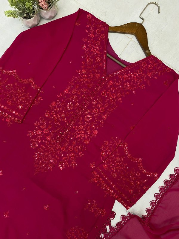 Wine Exclusive 3 Piece Plazzo Pair with Dupatta in Sequence Embroidery Work