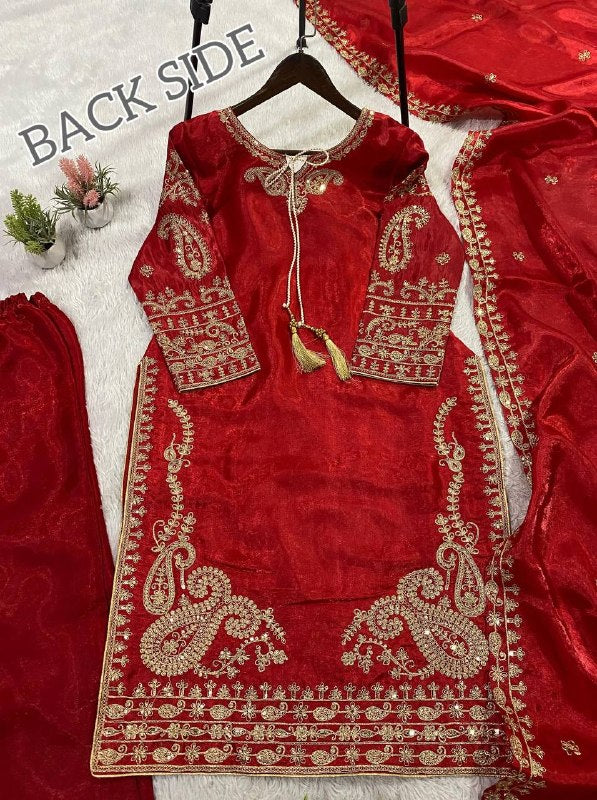 Red Cording with Sequence Embroidery Worked Top, Plazzo with Dupatta