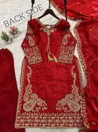 Red Cording with Sequence Embroidery Worked Top, Plazzo with Dupatta