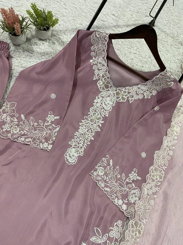 Mauve Sequence Embroidery Worked Top, Plazzo with Dupatta