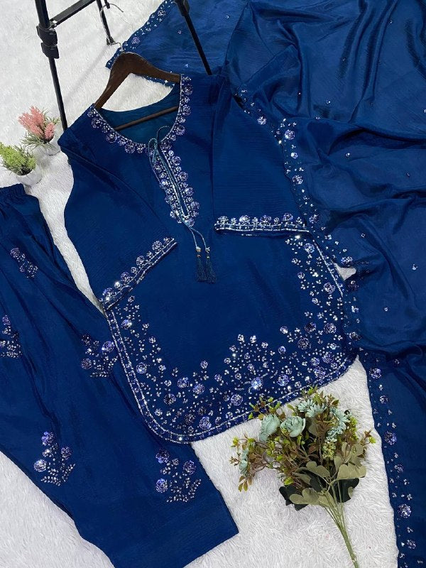 Royal Blue Three Piece Outfit with Sequence Embroidered Top, Farsi Salwaar and Dupatta