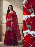 Red Sequence Embroidery Worked Top, Plazzo and Dupatta